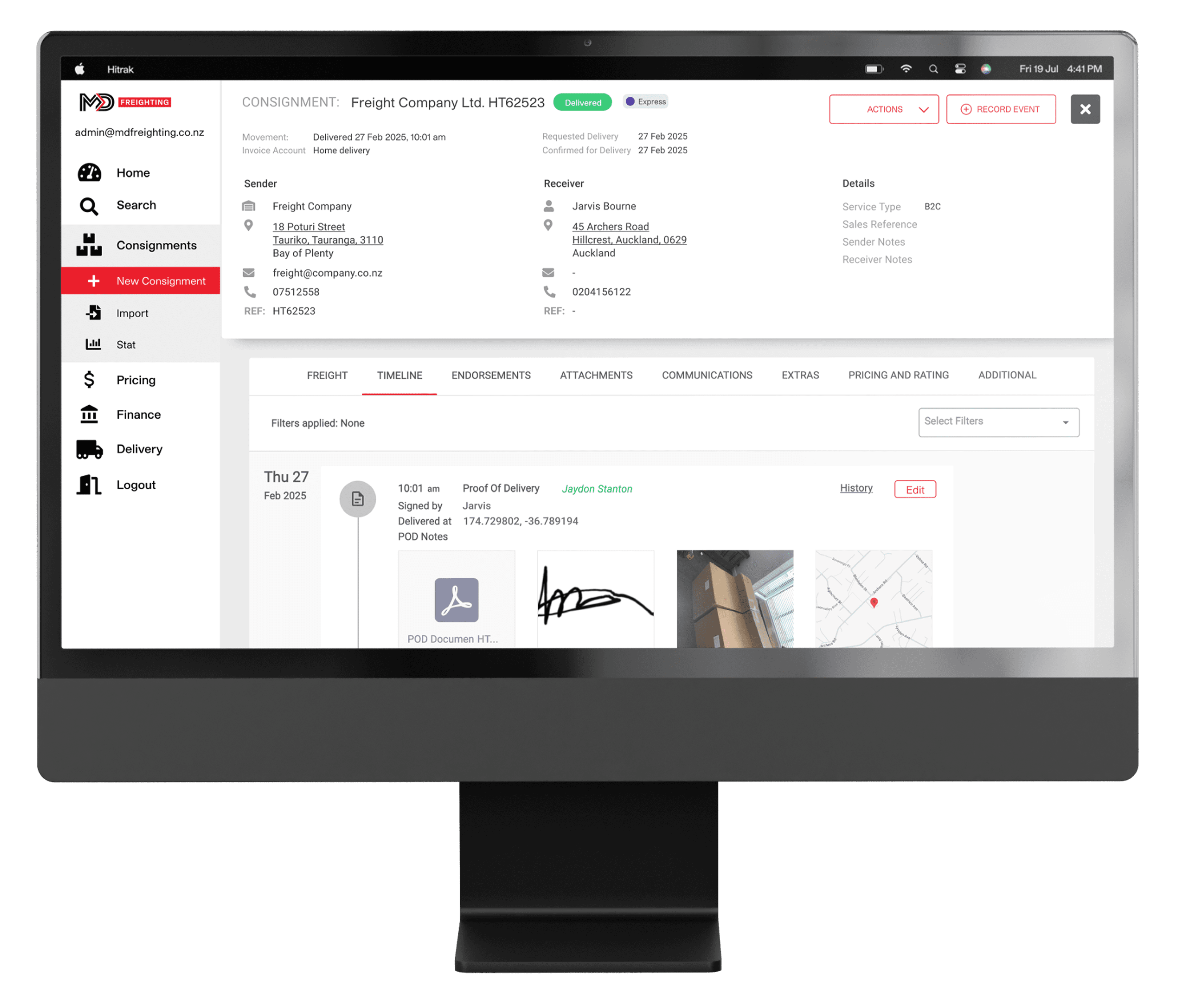 Consignment management system showing delivery timeline and electronic proof of delivery