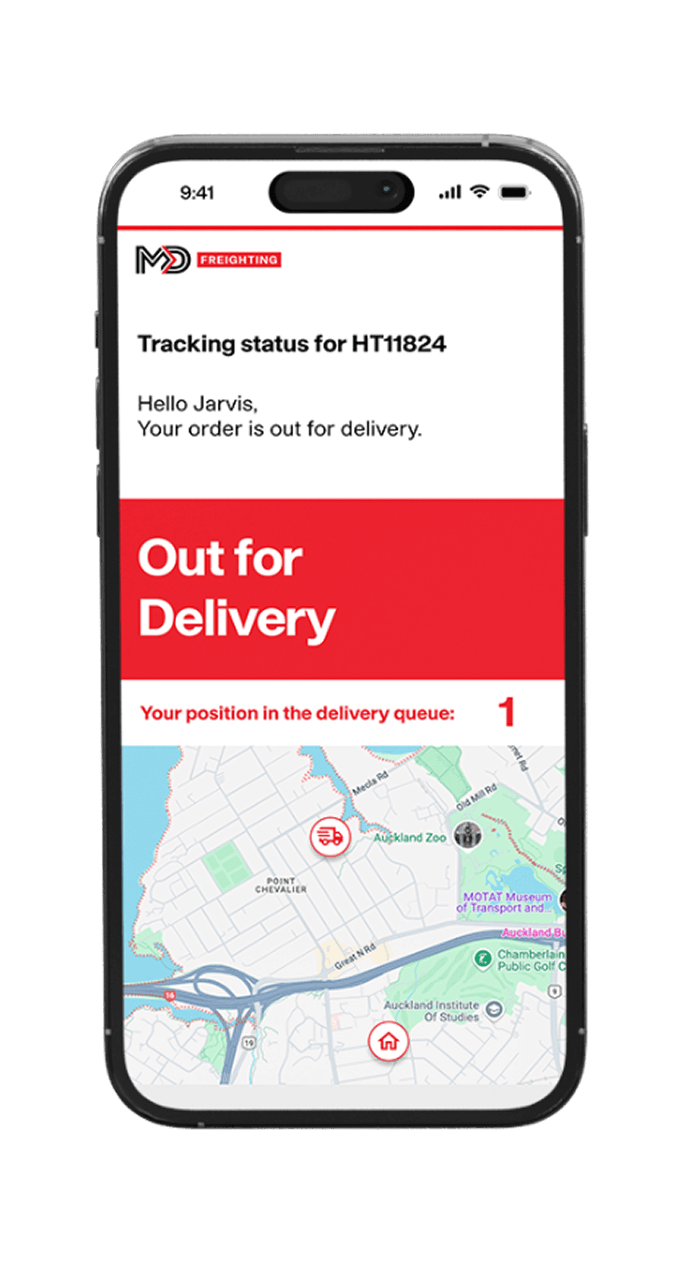 Customer tracking page showing live delivery status and driver location