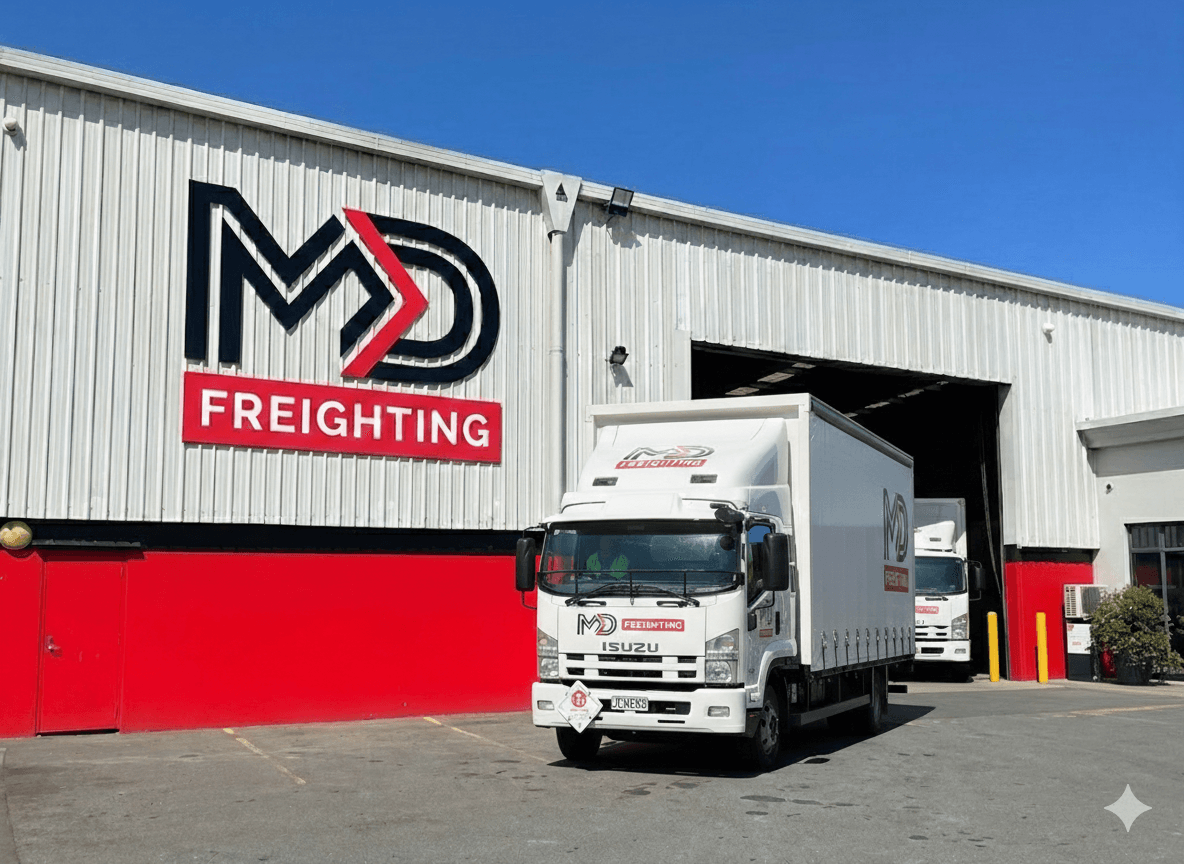 MD Freighting depot with branded truck and warehouse signage