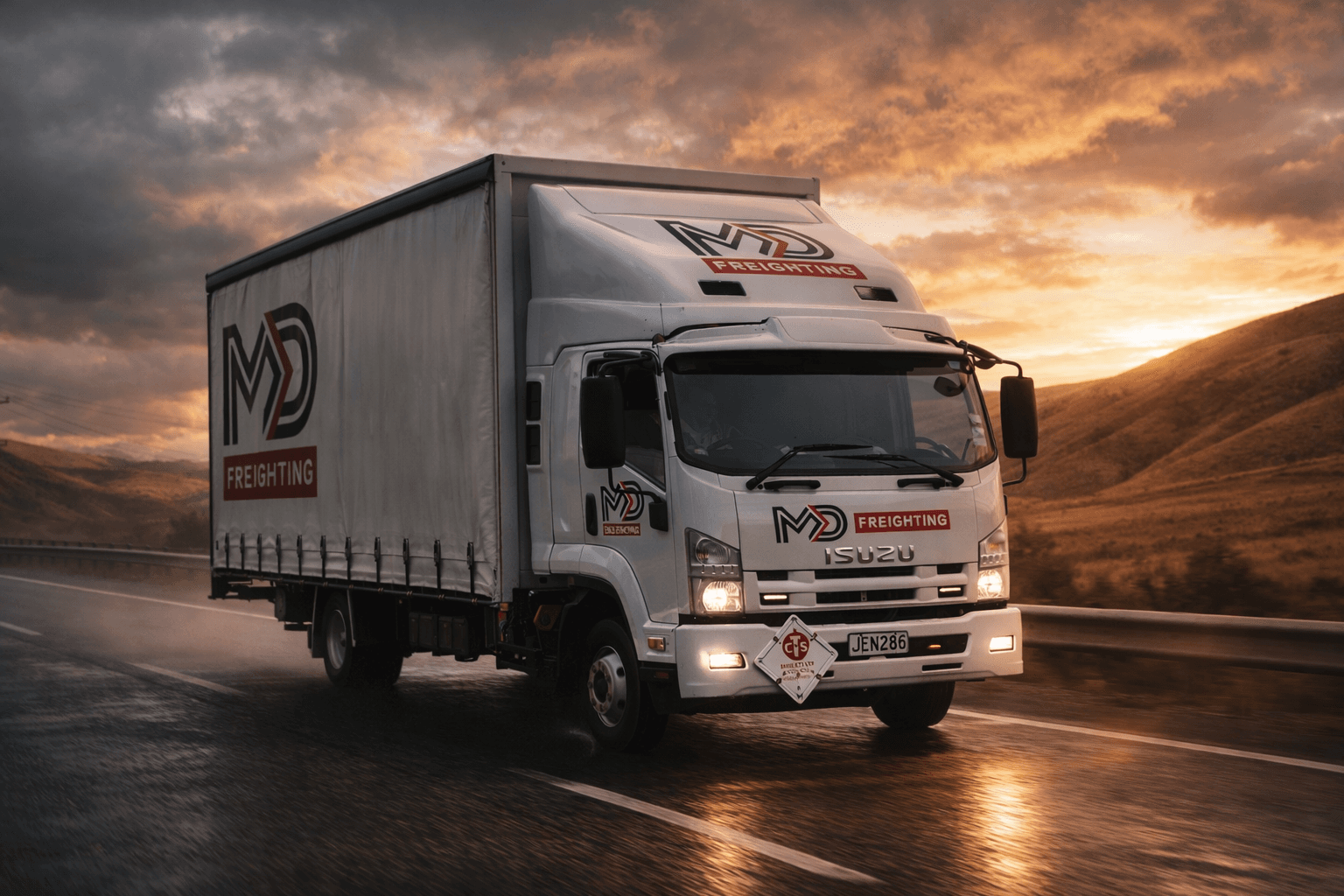 MD Freighting truck on the road at sunset